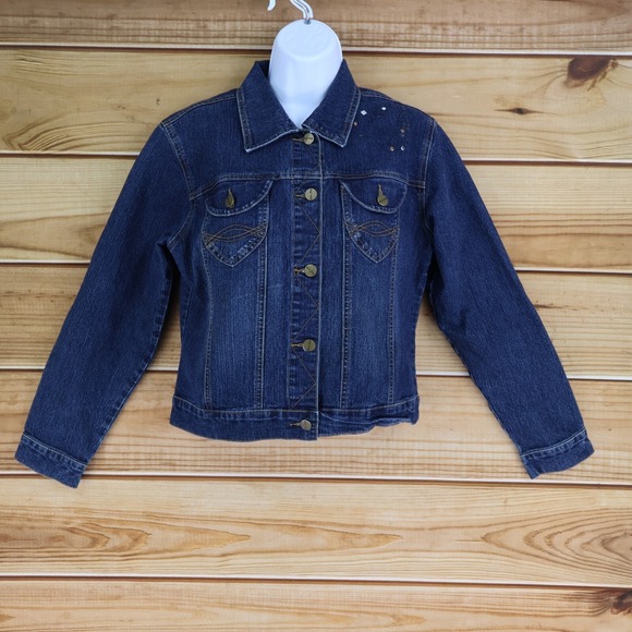 Love Jeans Jackets & Blazers - Love Jeans Cropped Denim Jacket Womens Size S Blue Dark Wash Rhinestones Pockets